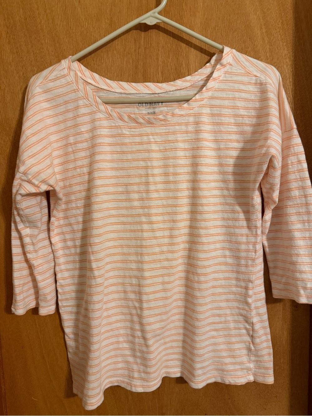 Old Navy White and Peach Striped 3/4 length sleeve Tee